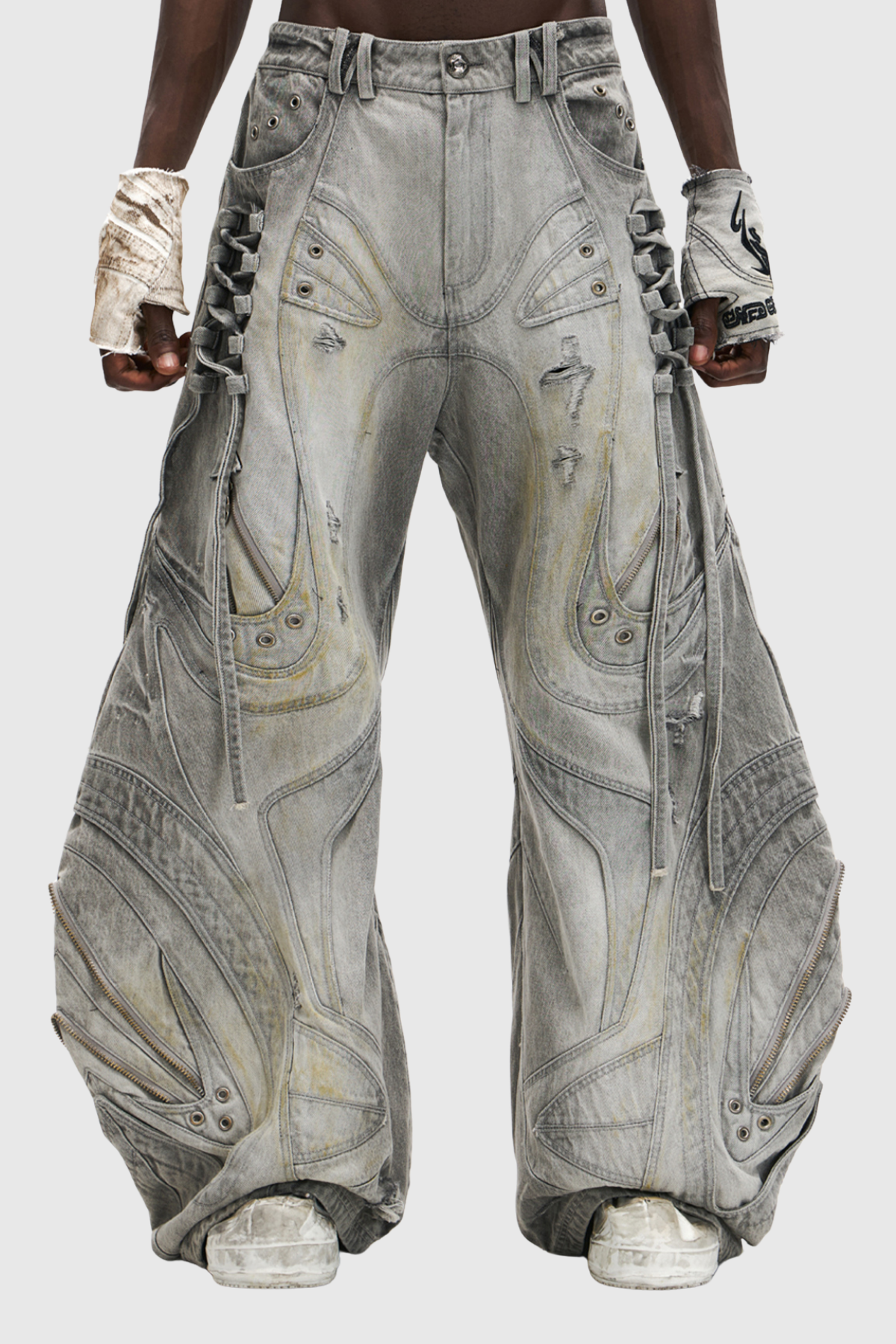 Daryl Deconstruct Print Wide Leg Jeans In Grey