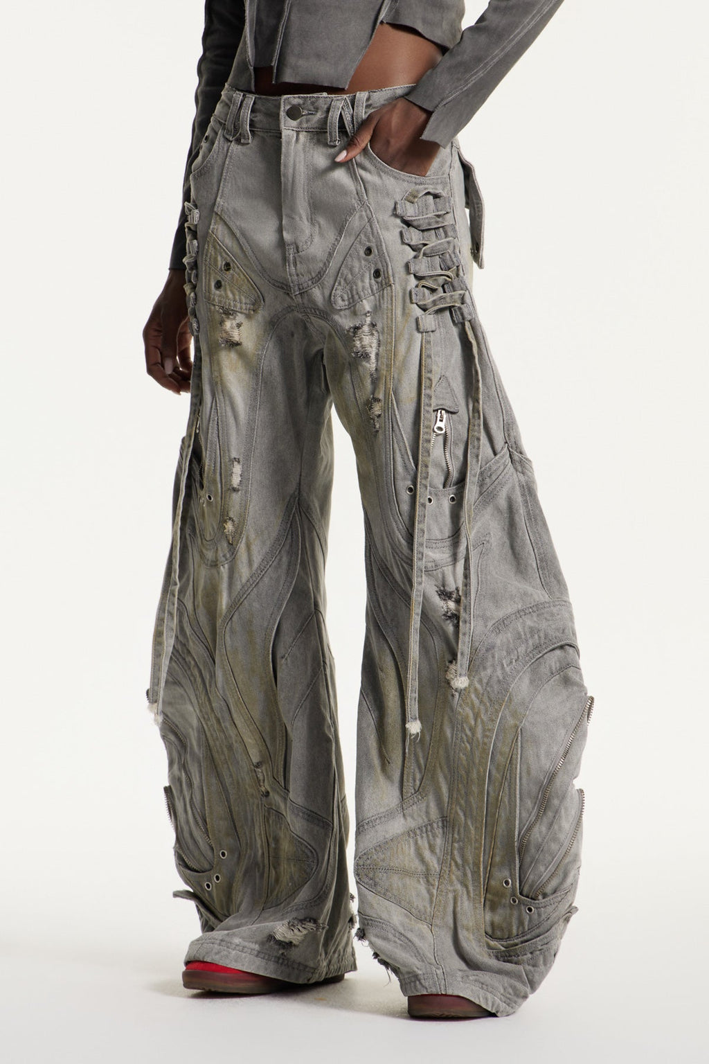 Daryl Deconstruct Print Wide Leg Jeans In Grey