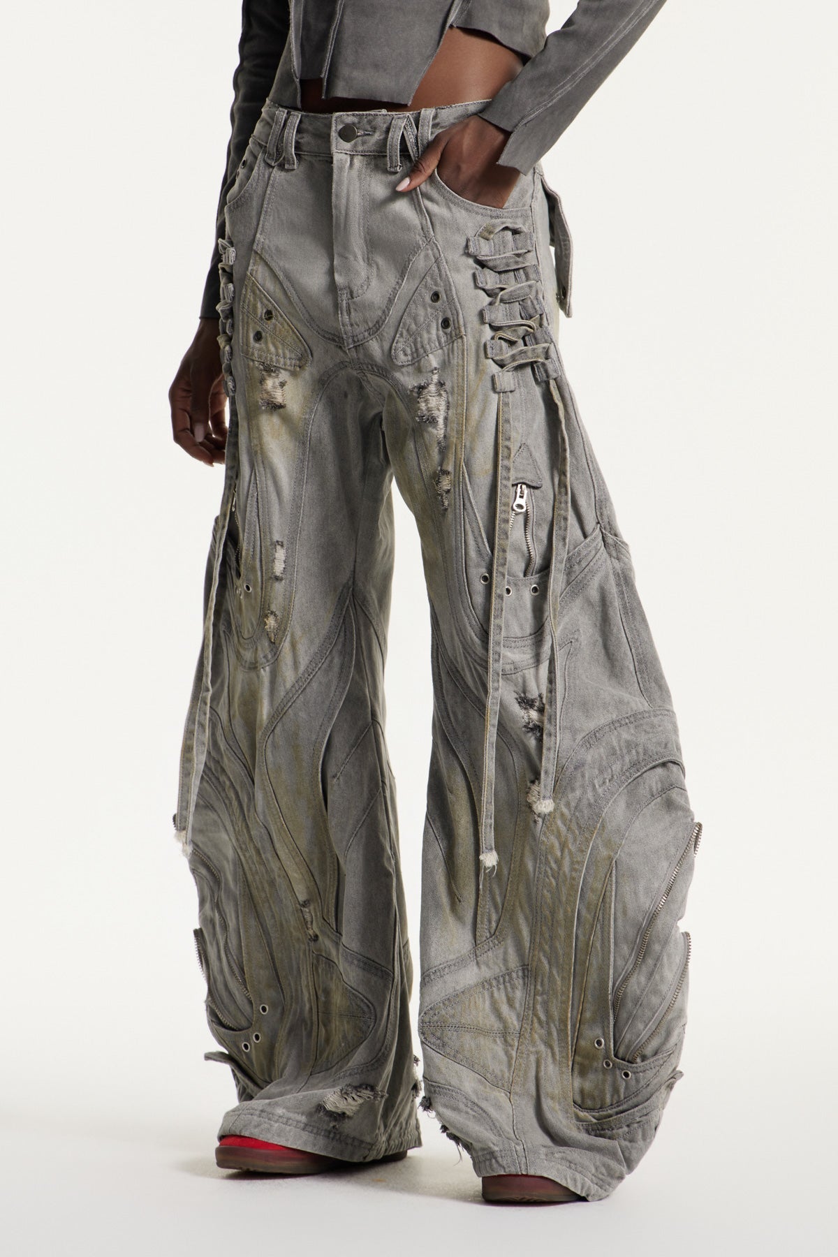 Daryl Deconstruct Print Wide Leg Jeans In Grey