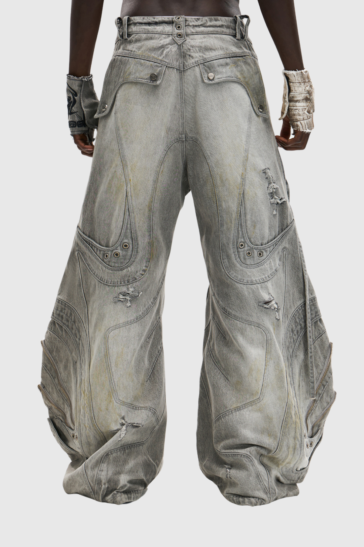 Daryl Deconstruct Print Wide Leg Jeans In Grey