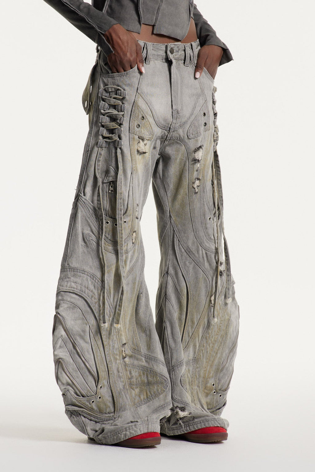 Daryl Deconstruct Print Wide Leg Jeans In Grey