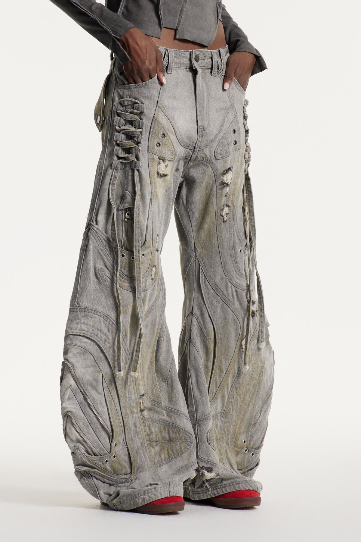 Daryl Deconstruct Print Wide Leg Jeans In Grey