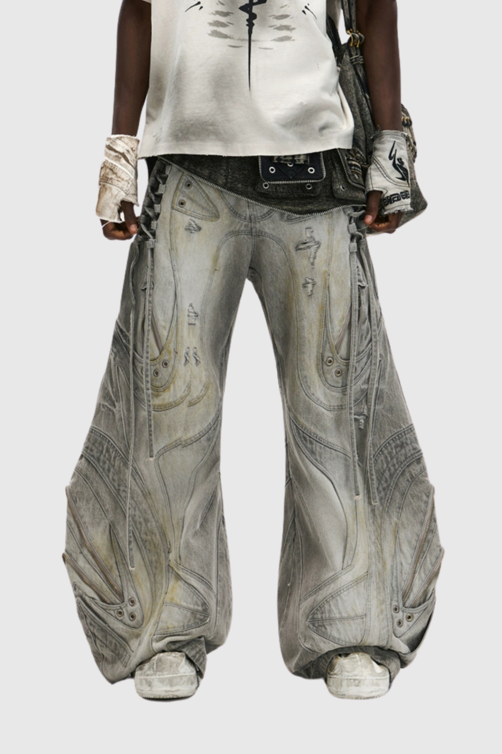 Daryl Deconstruct Print Wide Leg Jeans In Grey