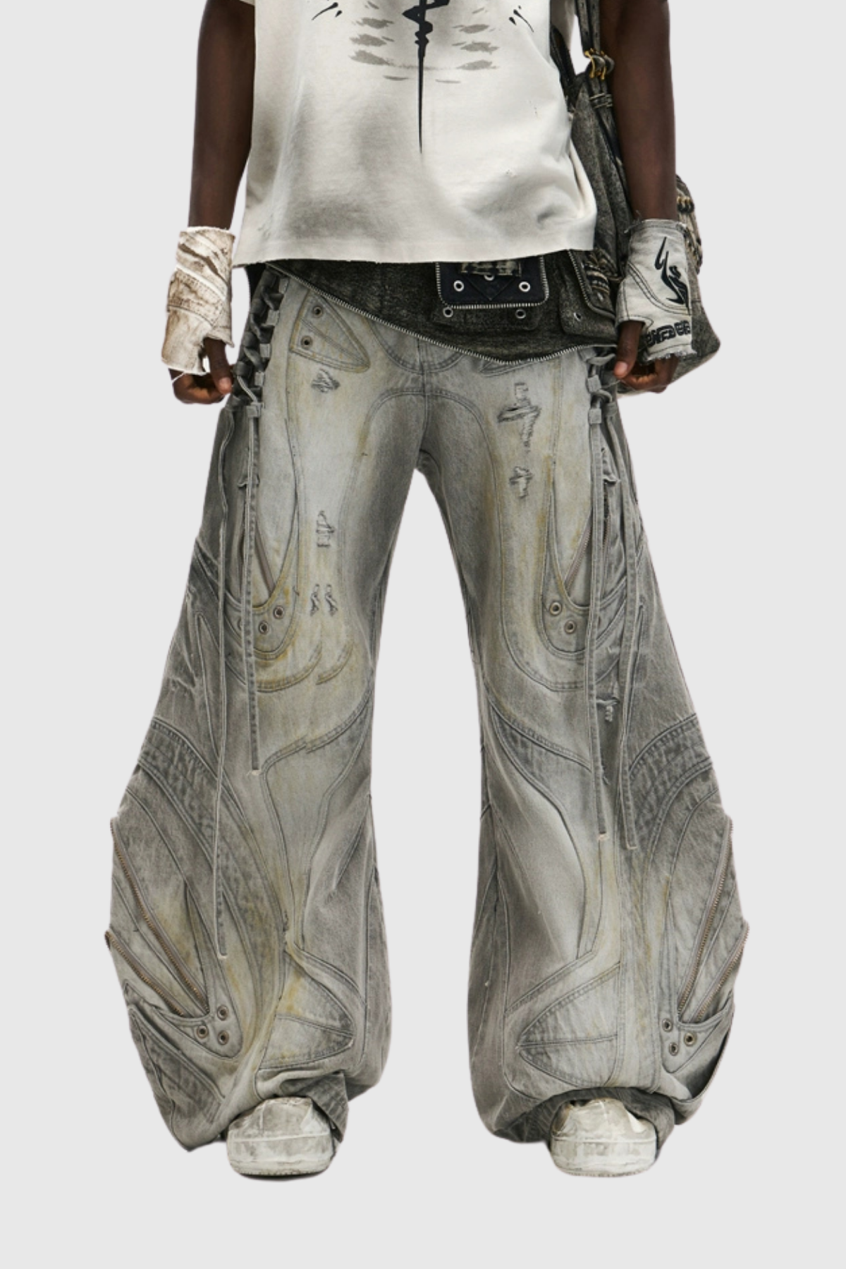 Daryl Deconstruct Print Wide Leg Jeans In Grey