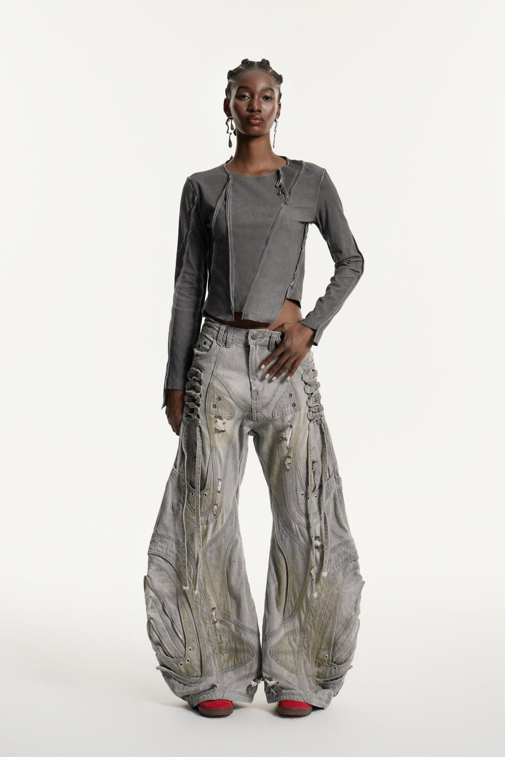 Daryl Deconstruct Print Wide Leg Jeans In Grey