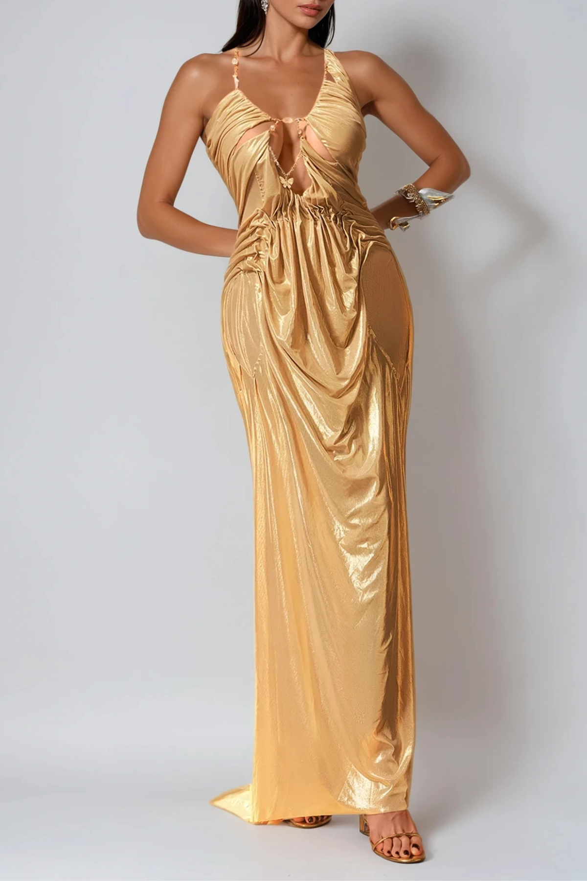 Davis Plunge Chain Asymmetric Maxi Dress In Gold