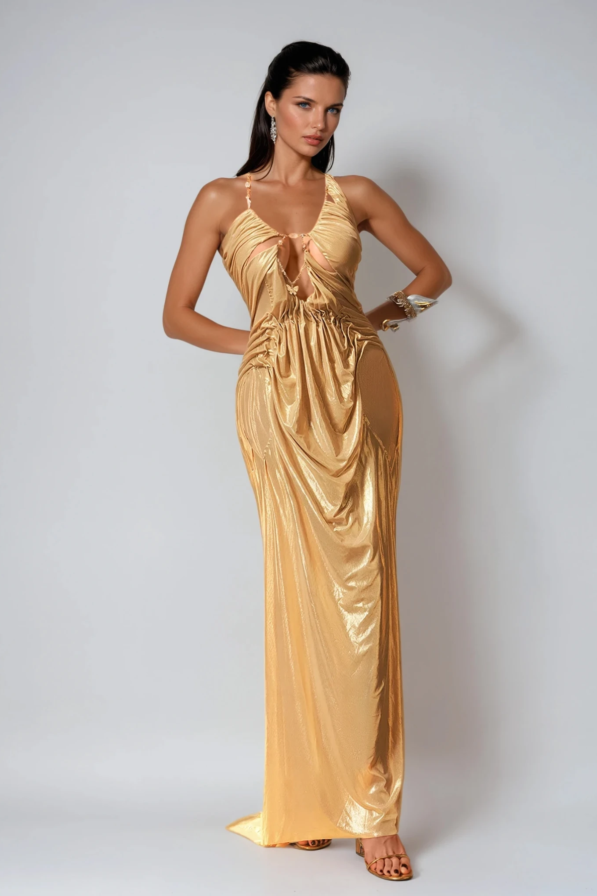 Davis Plunge Chain Asymmetric Maxi Dress In Gold