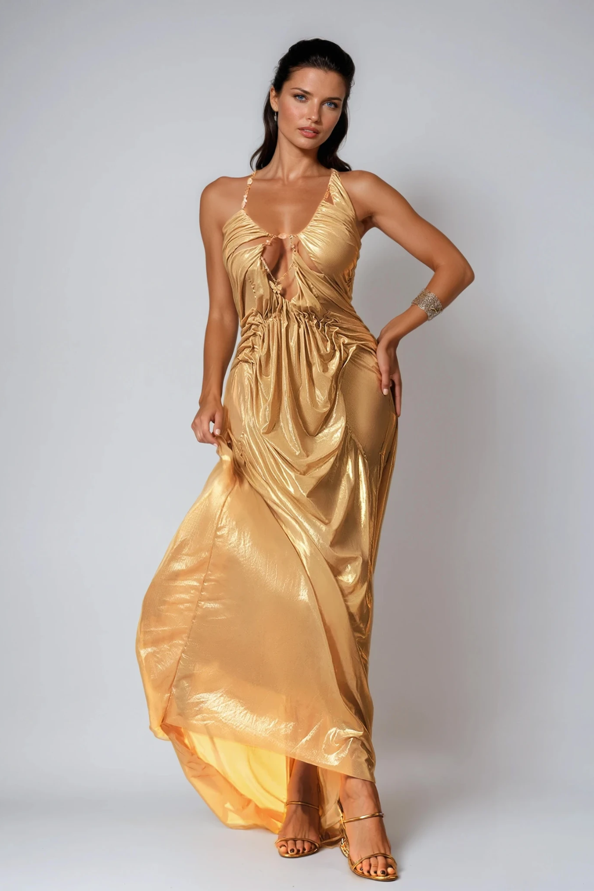 Davis Plunge Chain Asymmetric Maxi Dress In Gold
