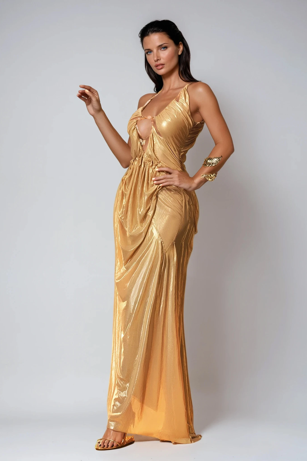 Davis Plunge Chain Asymmetric Maxi Dress In Gold