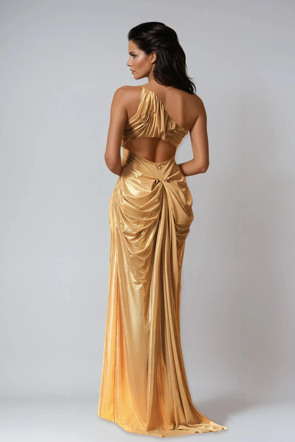 Davis Plunge Chain Asymmetric Maxi Dress In Gold