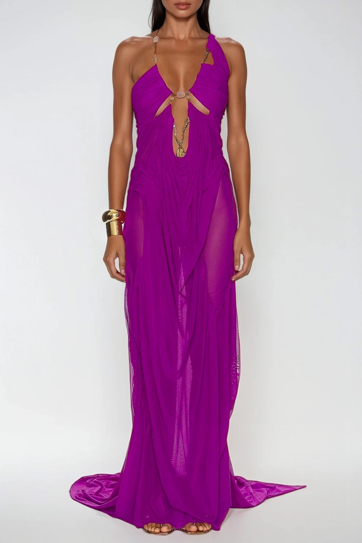 Davis Plunge Chain Asymmetric Maxi Dress In Hot Pink