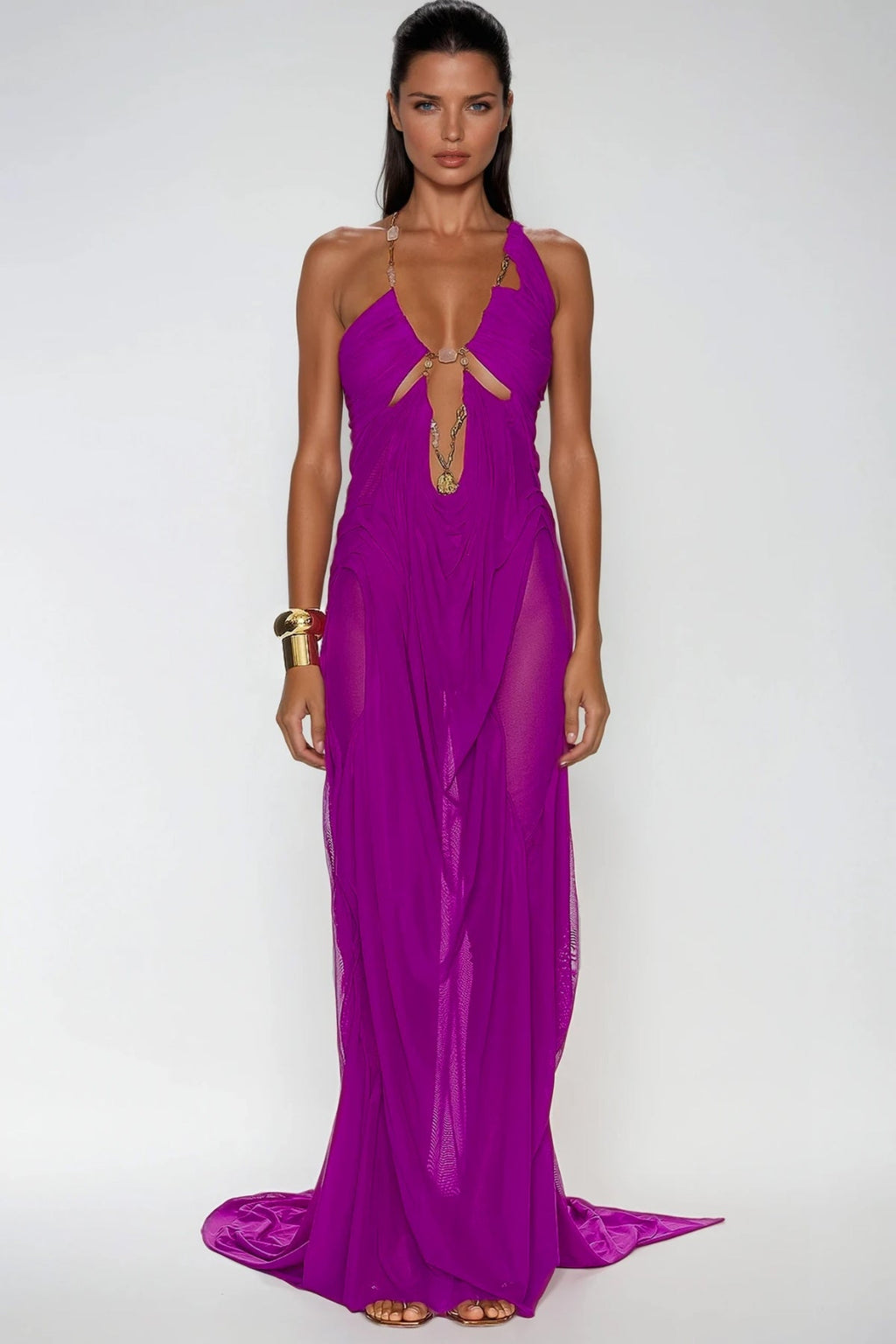 Davis Plunge Chain Asymmetric Maxi Dress In Hot Pink