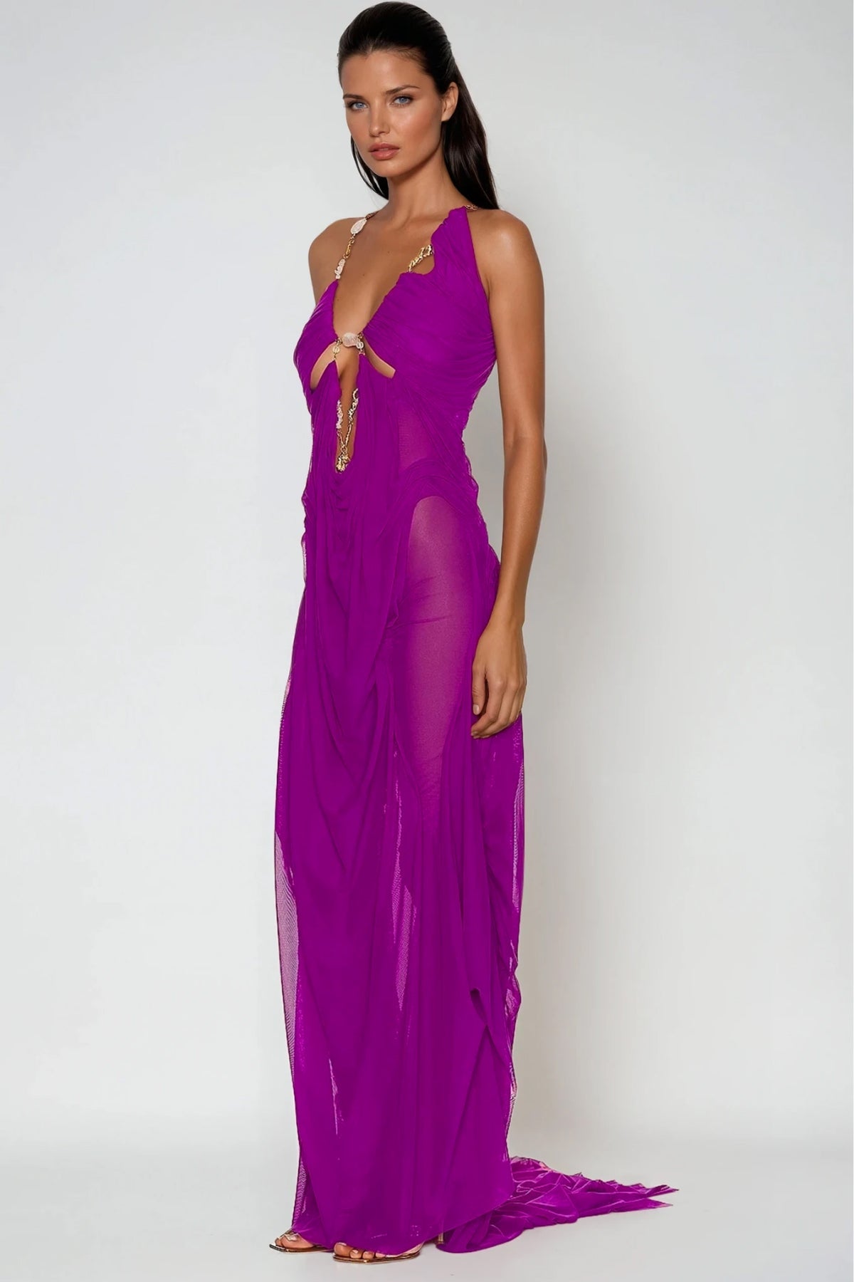 Davis Plunge Chain Asymmetric Maxi Dress In Hot Pink