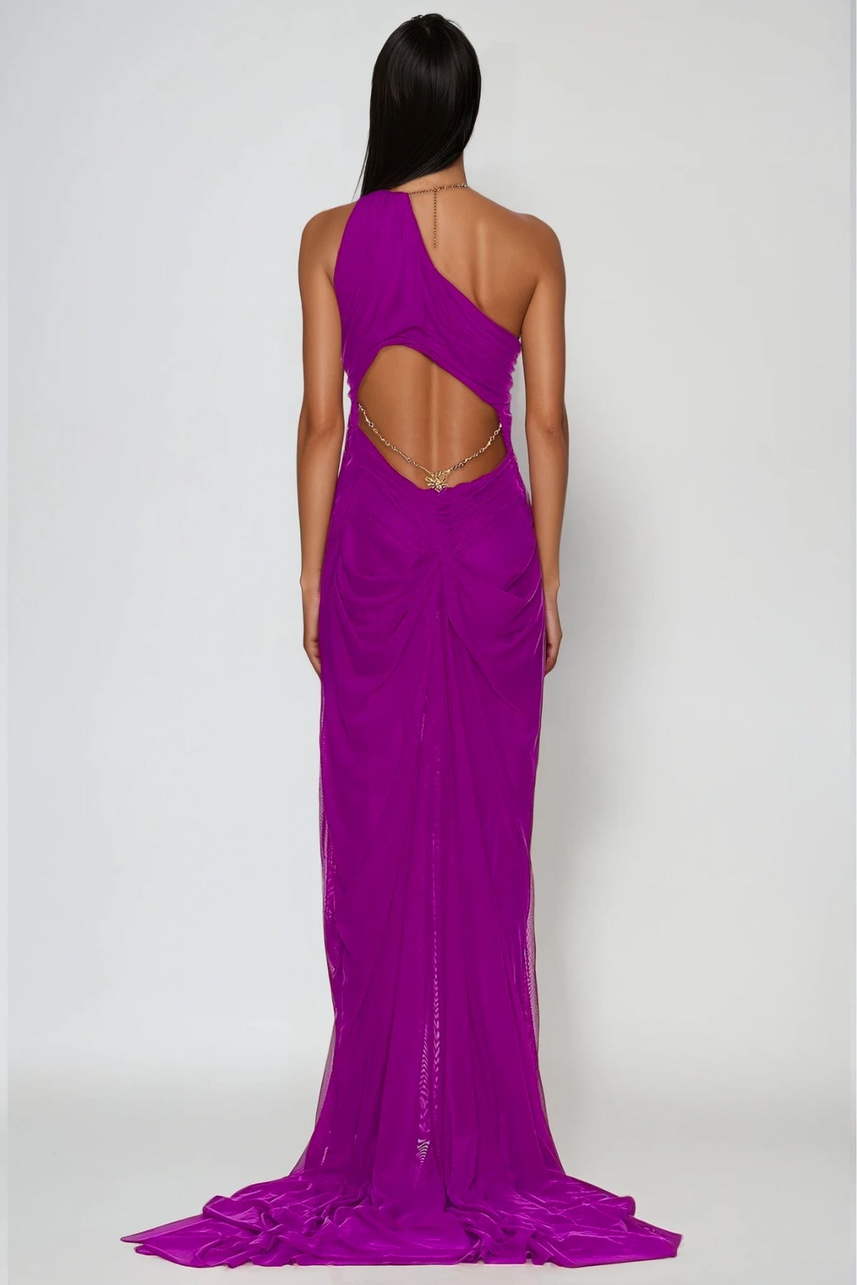 Davis Plunge Chain Asymmetric Maxi Dress In Hot Pink
