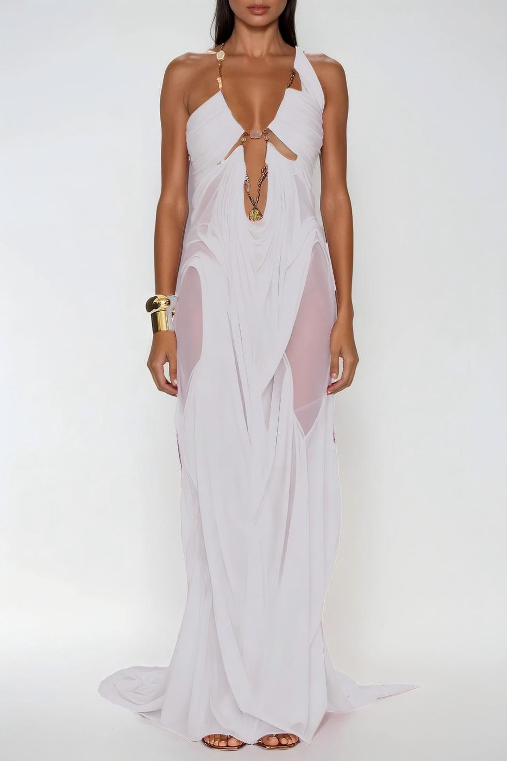 Davis Plunge Chain Asymmetric Maxi Dress In White
