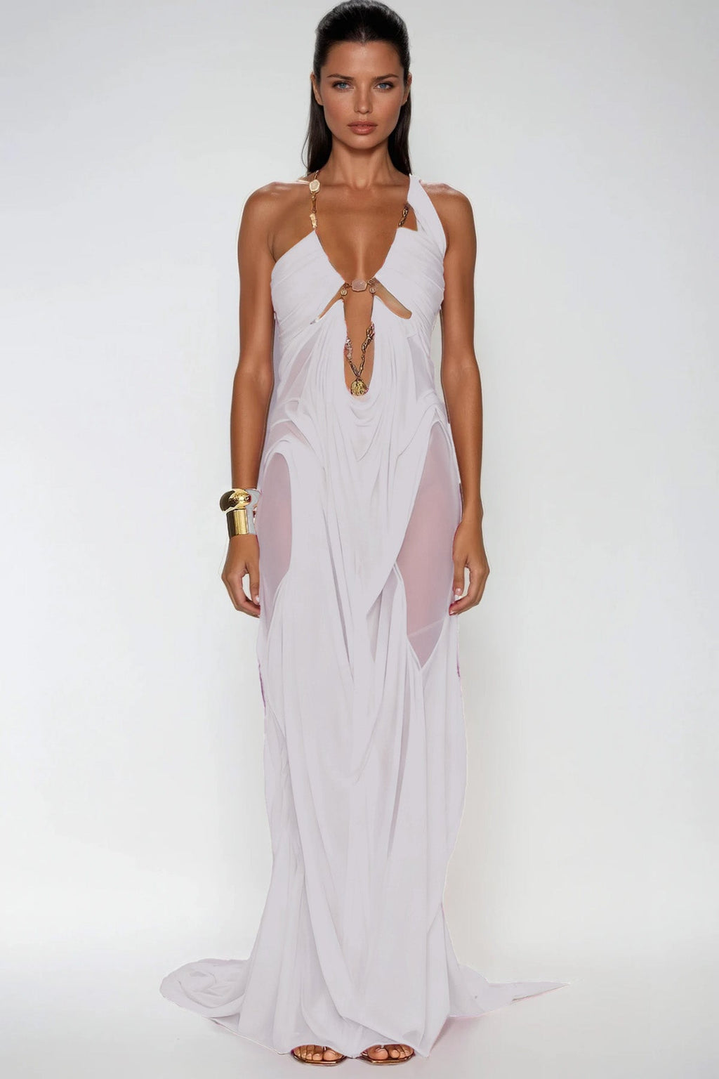 Davis Plunge Chain Asymmetric Maxi Dress In White