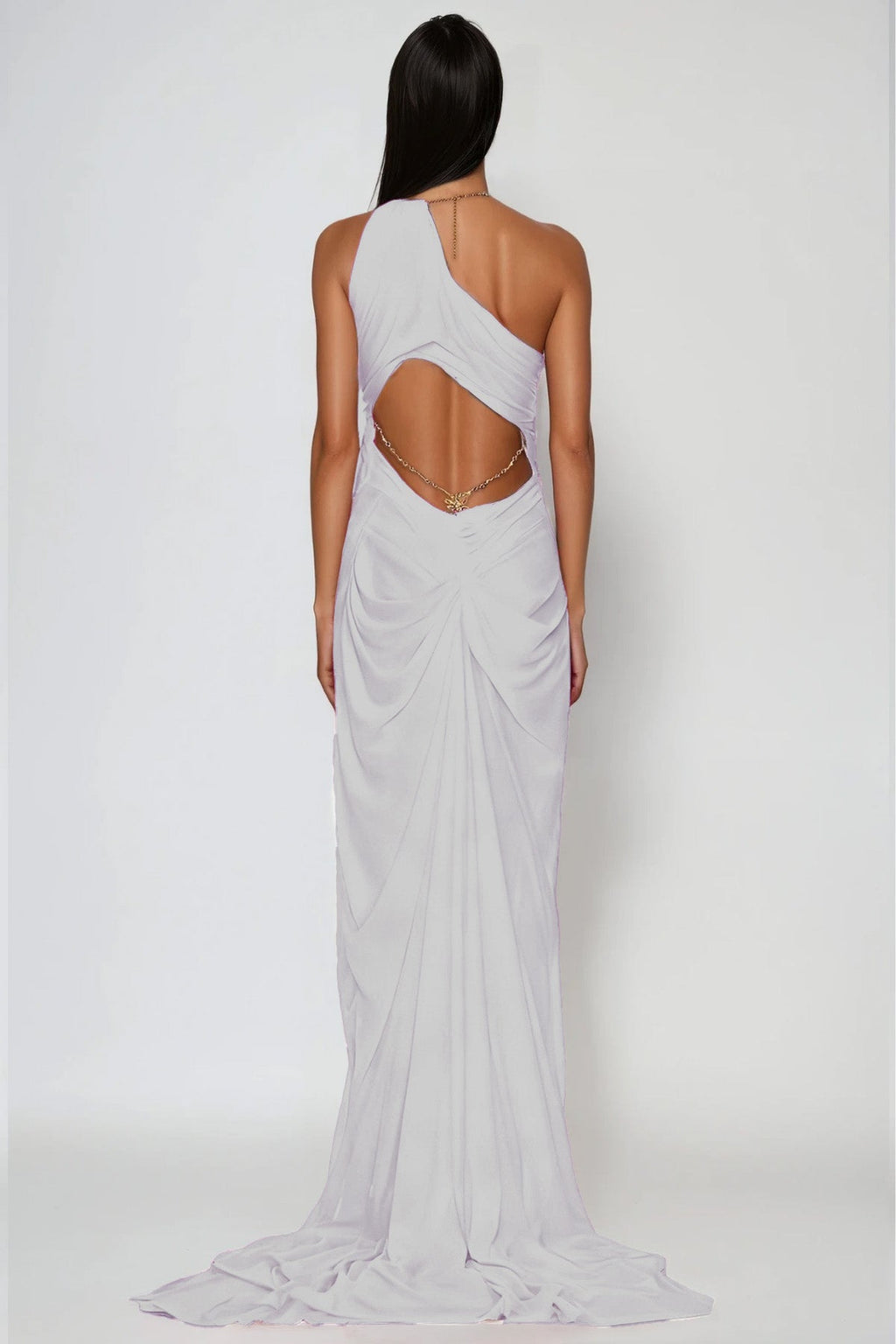 Davis Plunge Chain Asymmetric Maxi Dress In White