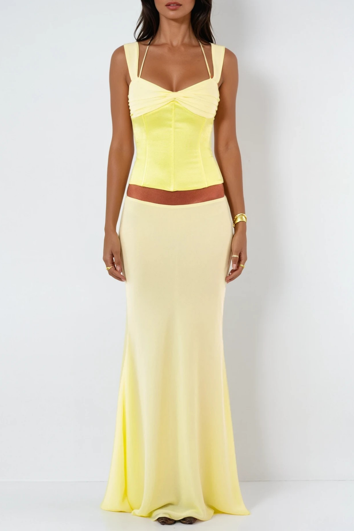 Daviti Lace Up Bodycon Skirt Set In Yellow
