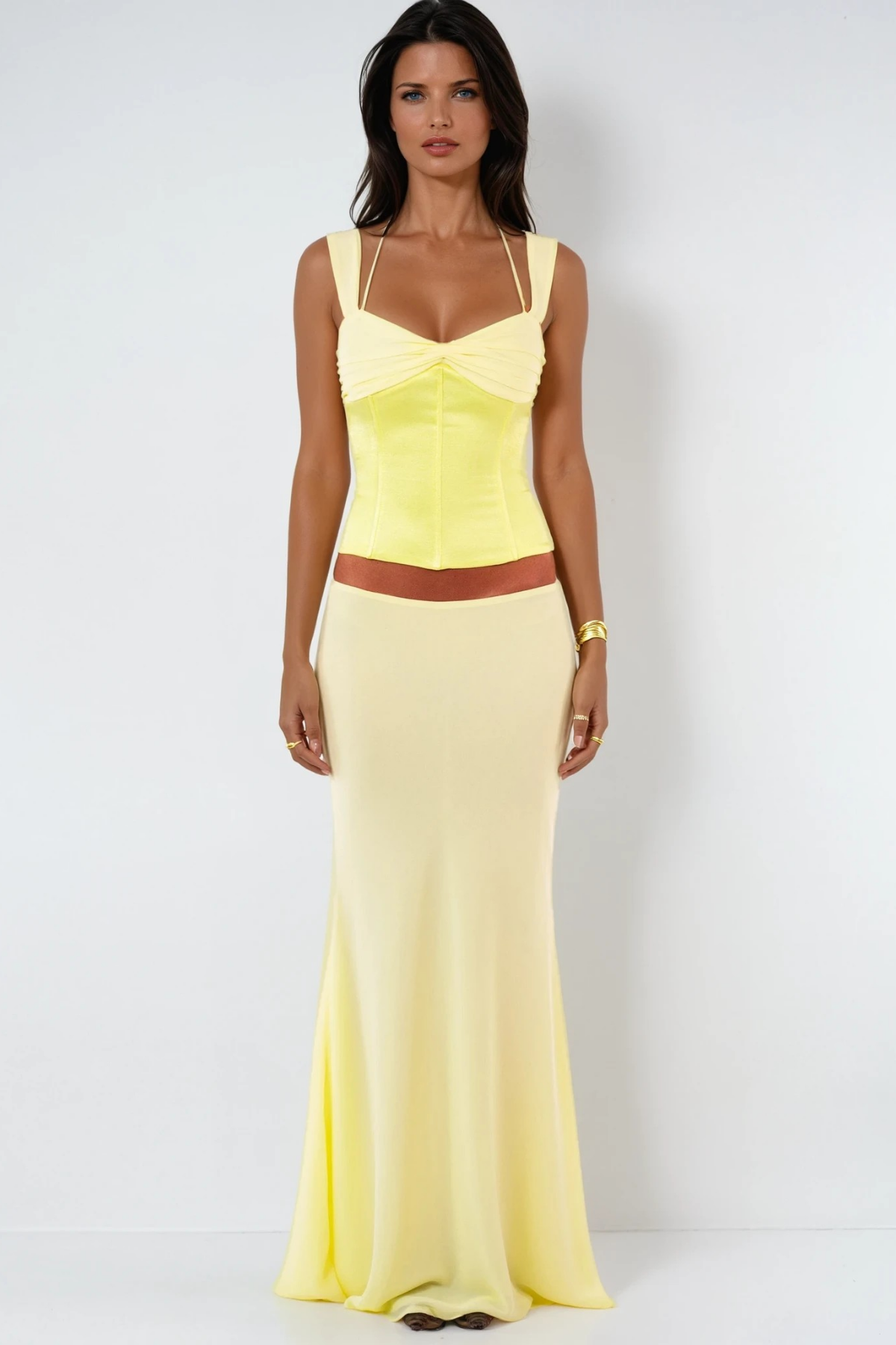 Daviti Lace Up Bodycon Skirt Set In Yellow