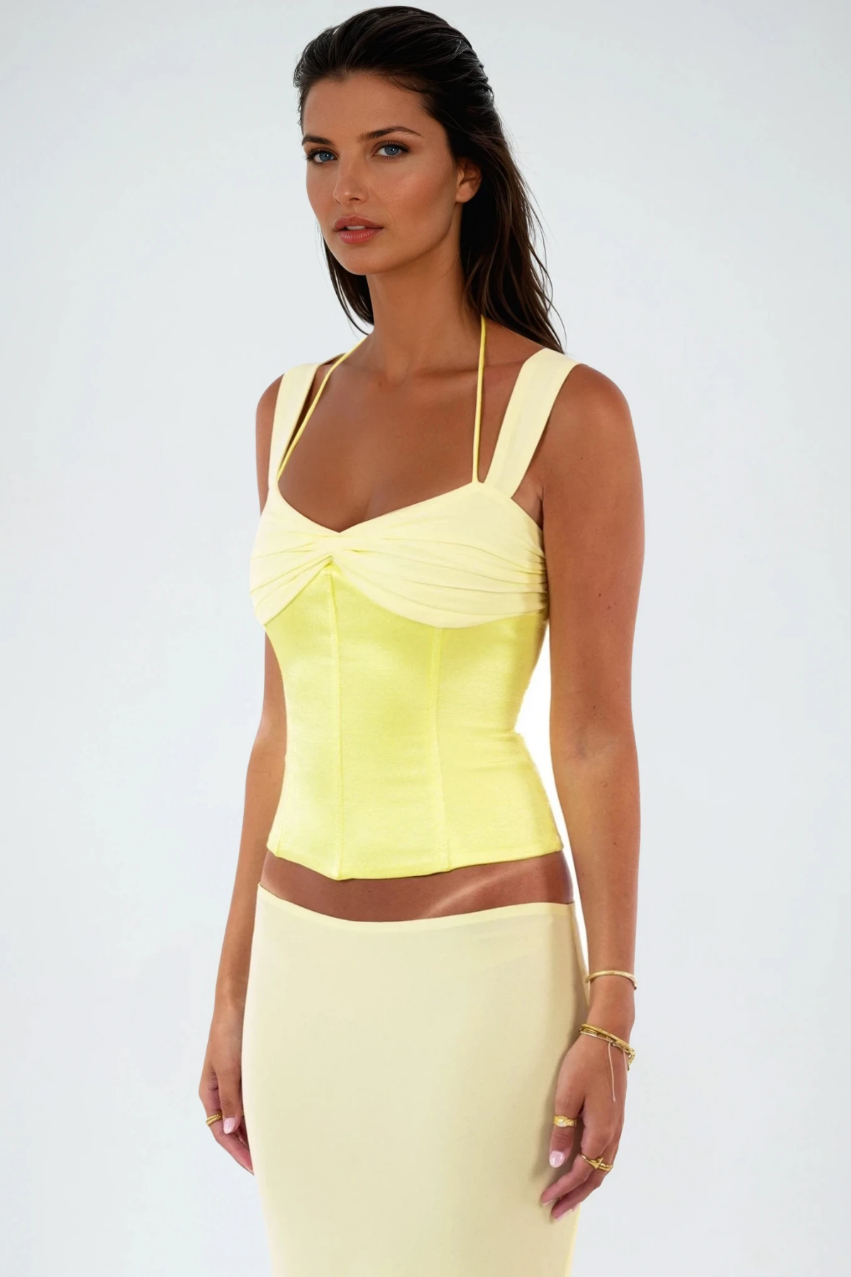 Daviti Lace Up Bodycon Skirt Set In Yellow
