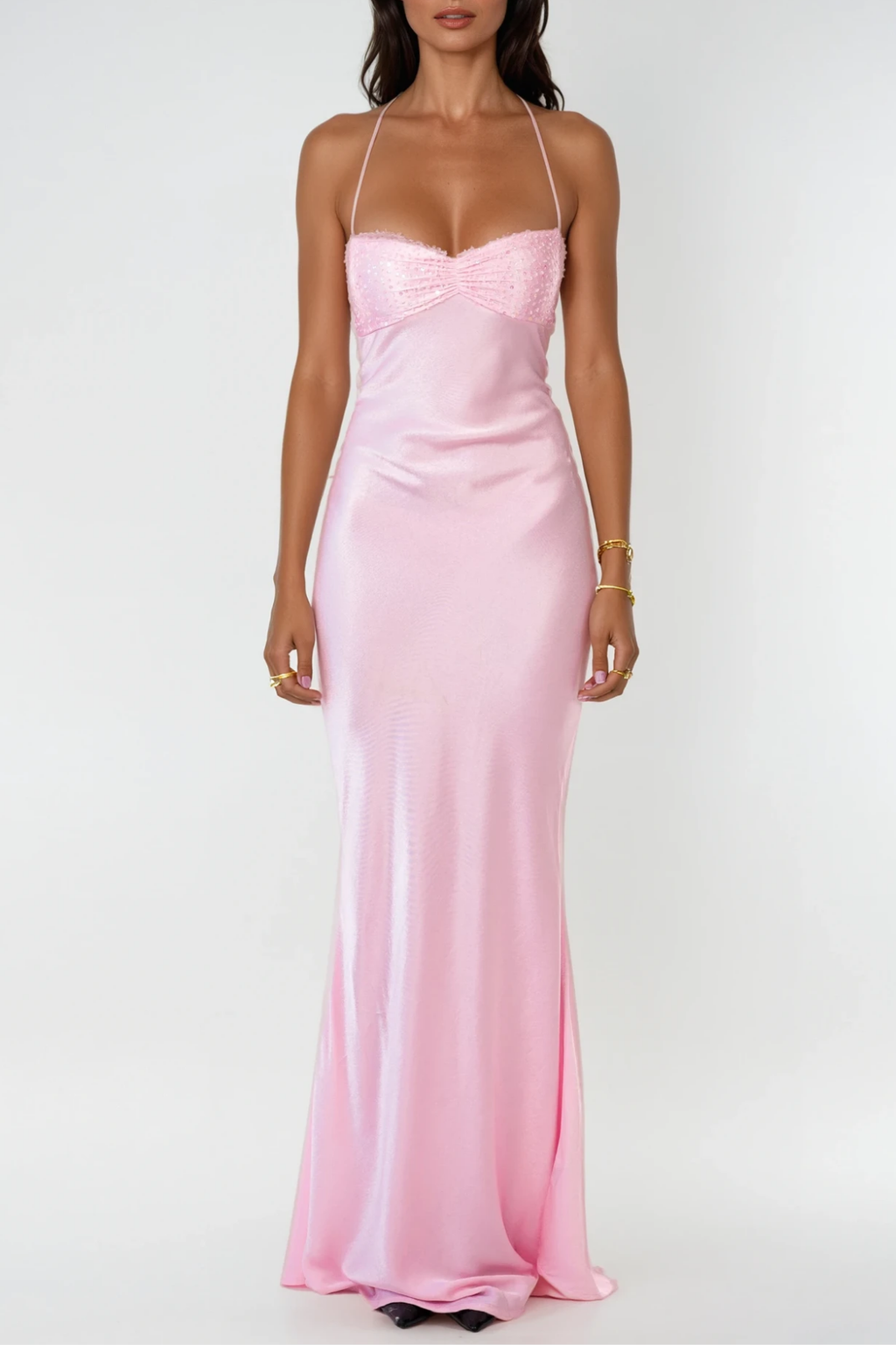 Davlat Halter Neck Sequin Satin Maxi Dress In Pink