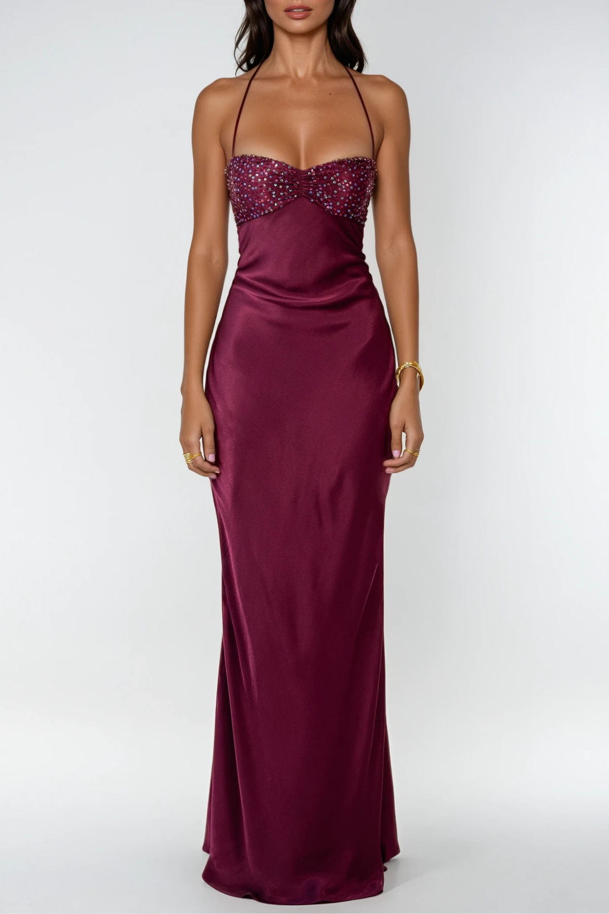 Davlat Halter Neck Sequin Satin Maxi Dress In Purple