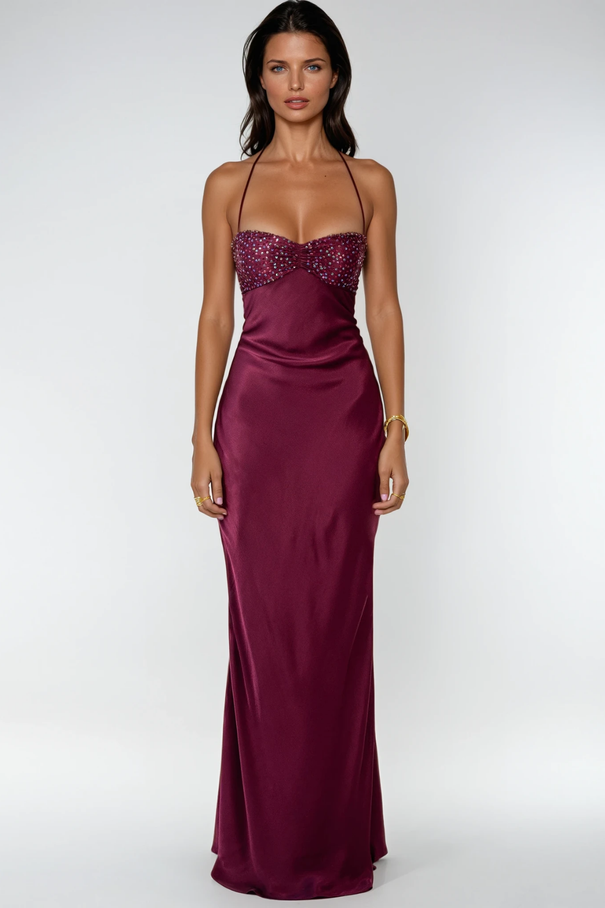 Davlat Halter Neck Sequin Satin Maxi Dress In Purple
