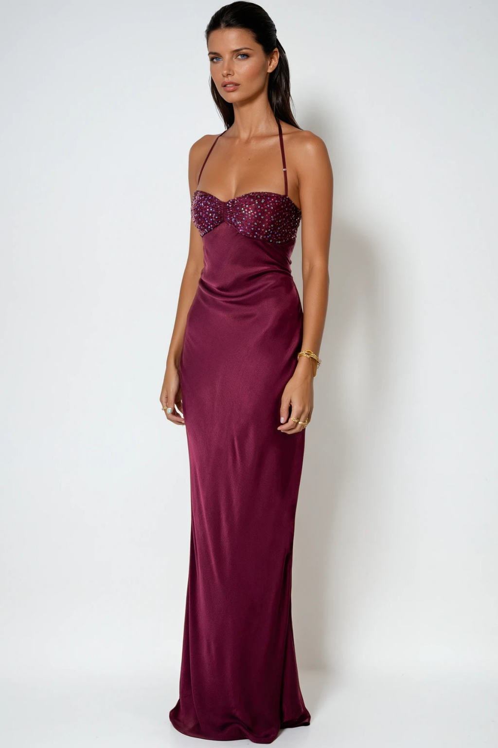 Davlat Halter Neck Sequin Satin Maxi Dress In Purple