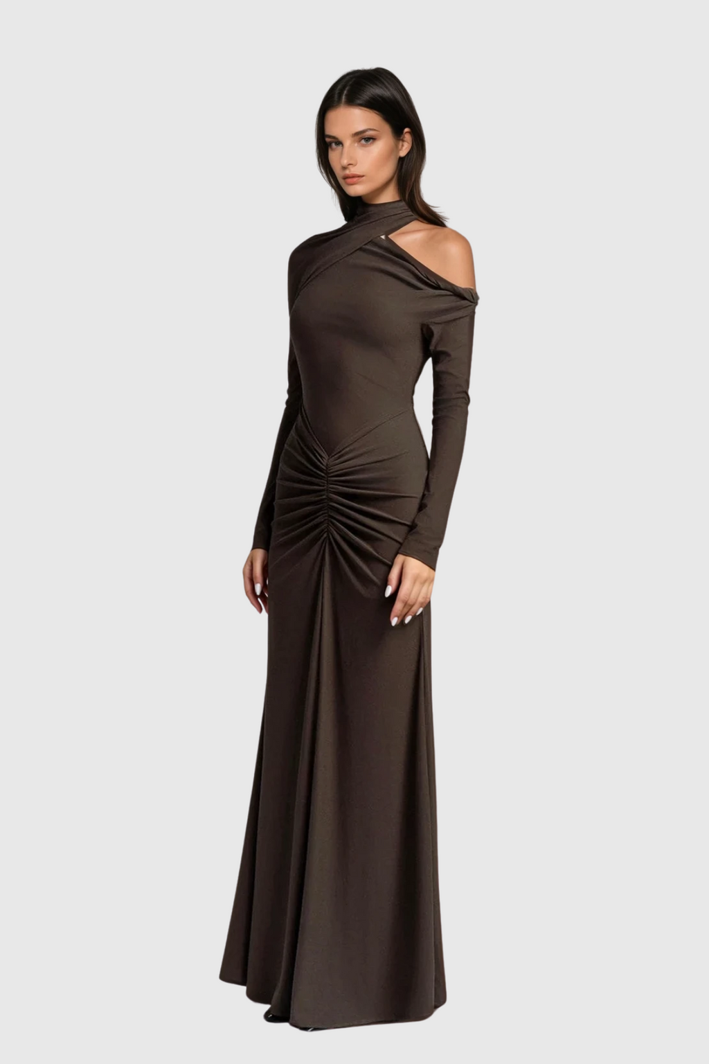 Daw Cutout Ruch Asymmetric Maxi Dress In Brown