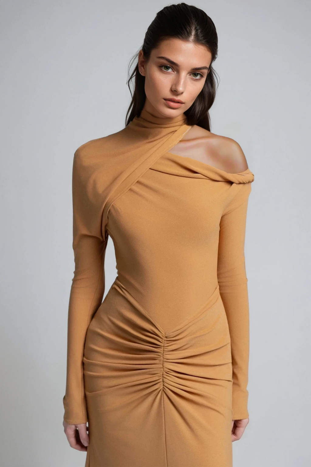 Daw Cutout Ruch Asymmetric Maxi Dress In Khaki