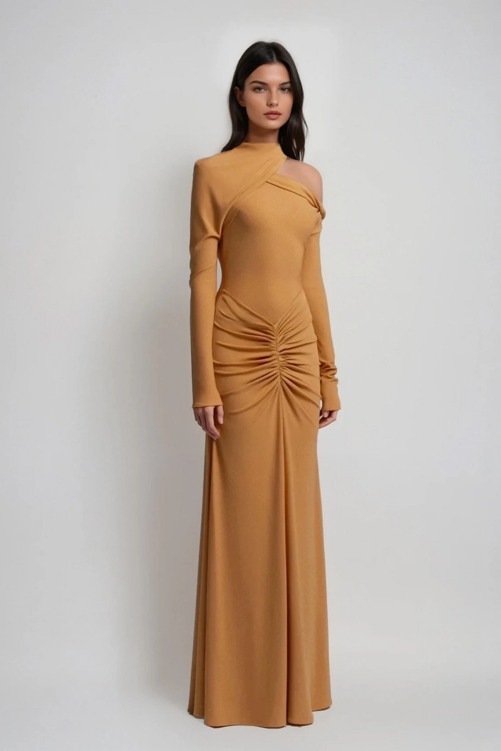 Daw Cutout Ruch Asymmetric Maxi Dress In Khaki