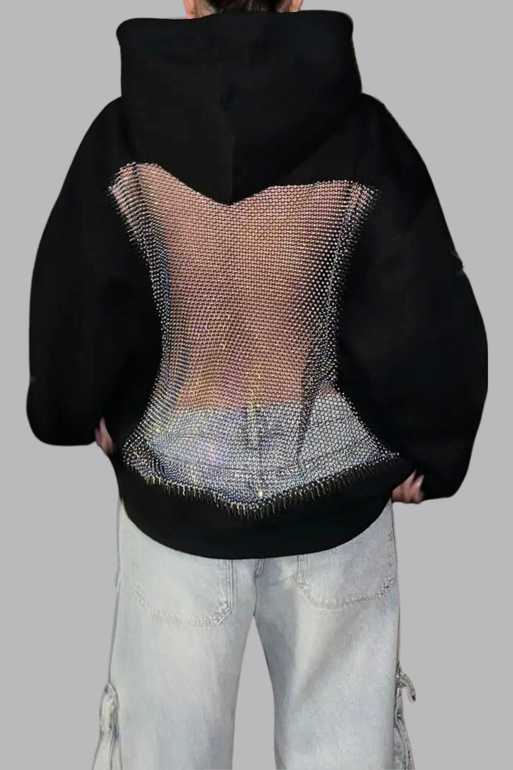 Dazhbog Hooded Rhinestone Mesh Top In Black