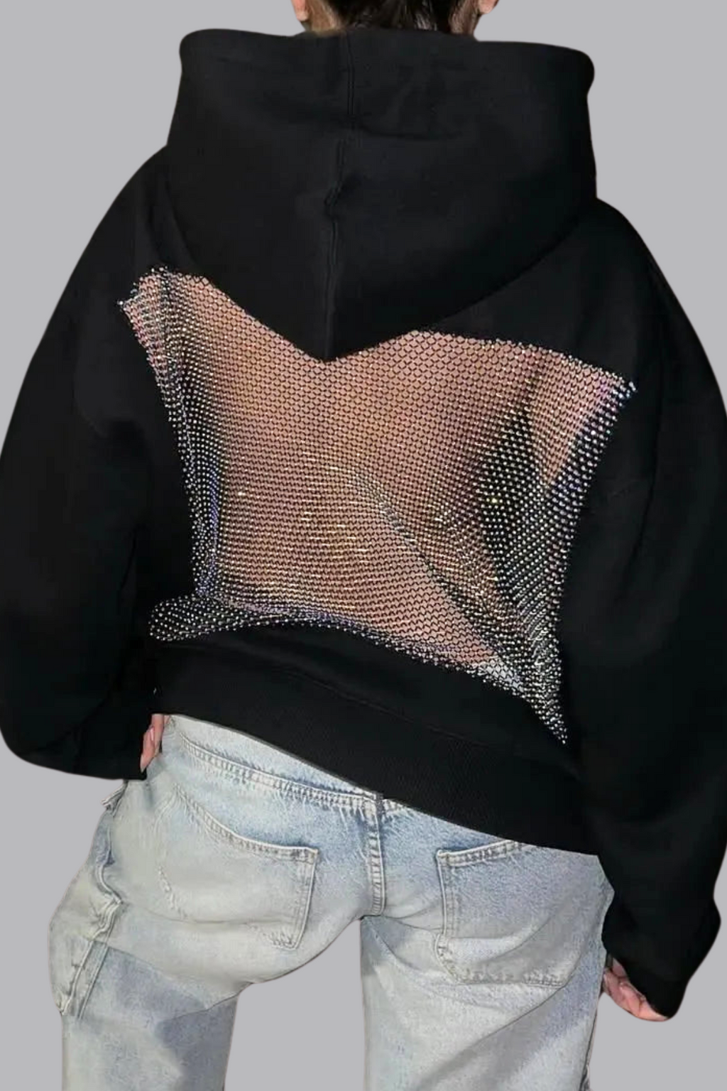 Dazhbog Hooded Rhinestone Mesh Top In Black