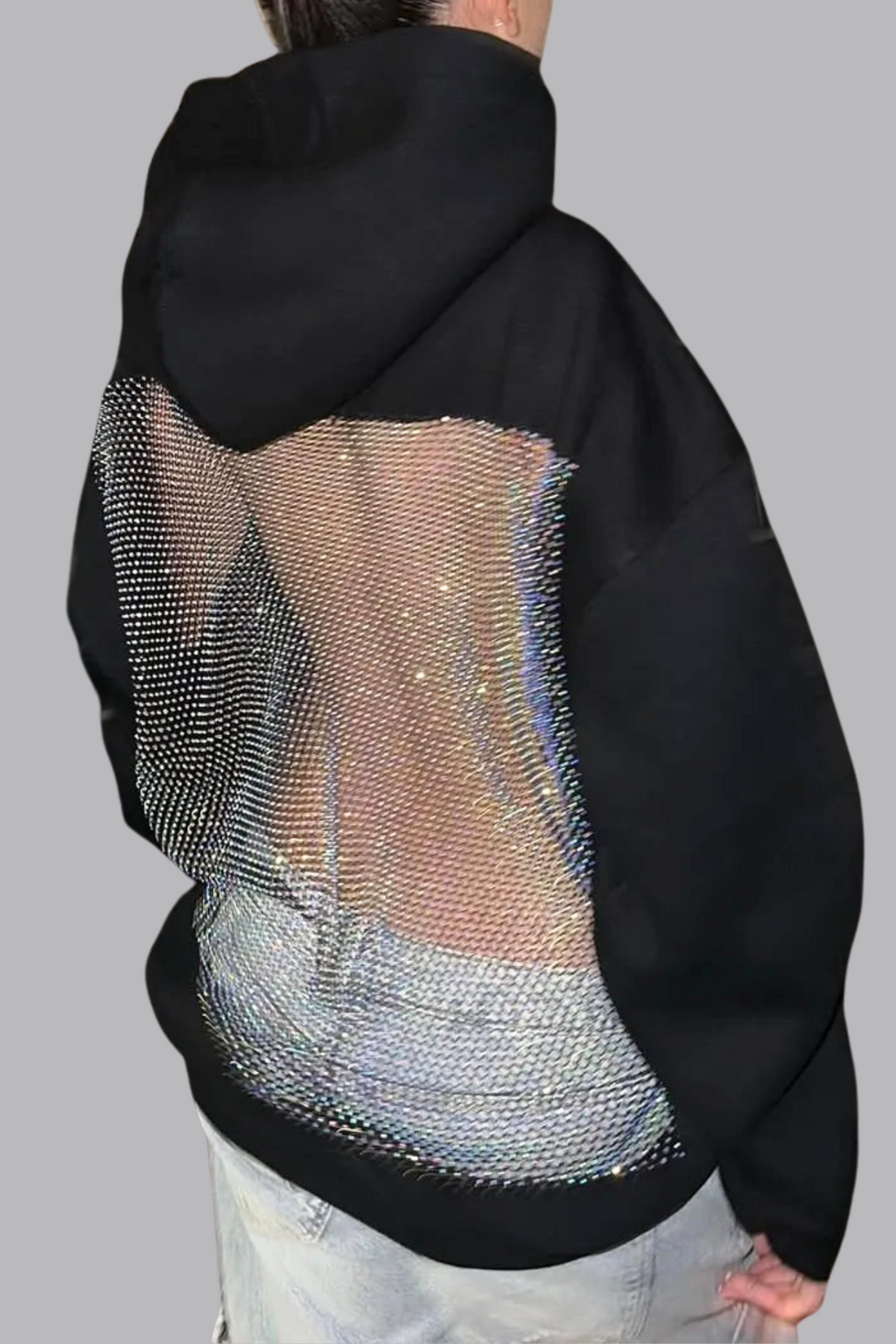 Dazhbog Hooded Rhinestone Mesh Top In Black