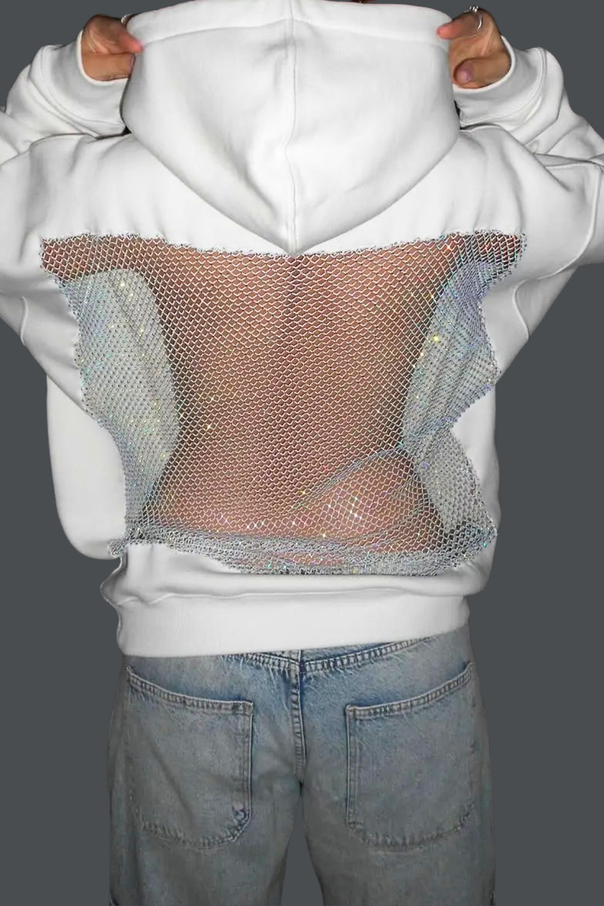 Dazhbog Hooded Rhinestone Mesh Top In White