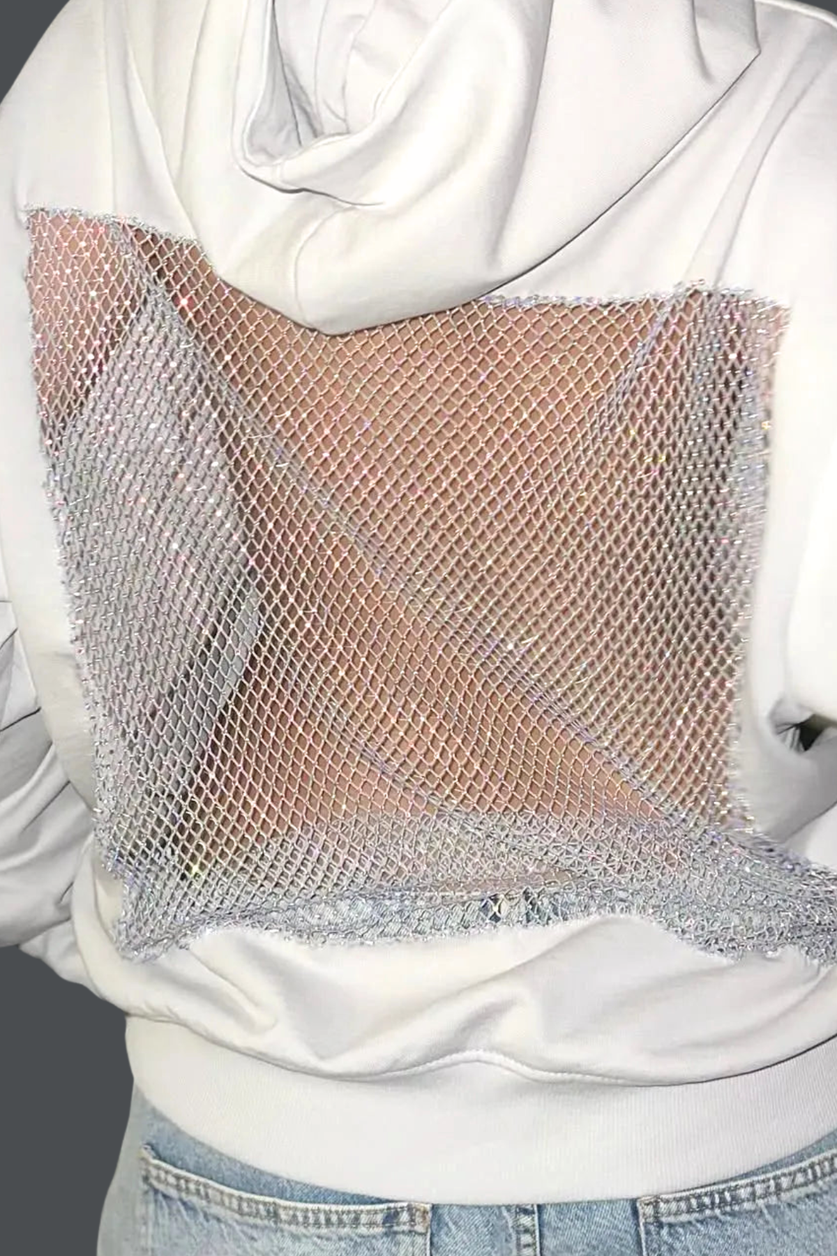 Dazhbog Hooded Rhinestone Mesh Top In White