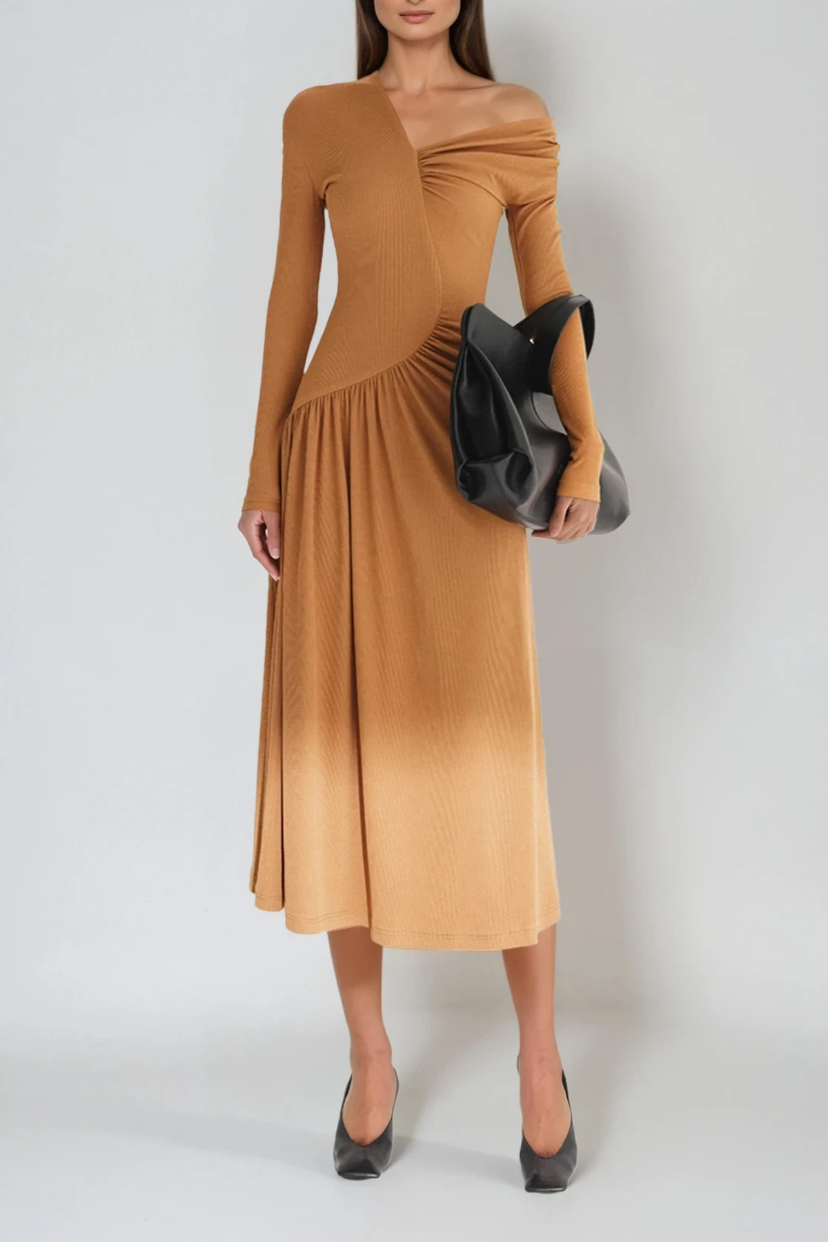 DeAngelo One Shoulder Asymmetric Ruch Maxi Dress In Khaki
