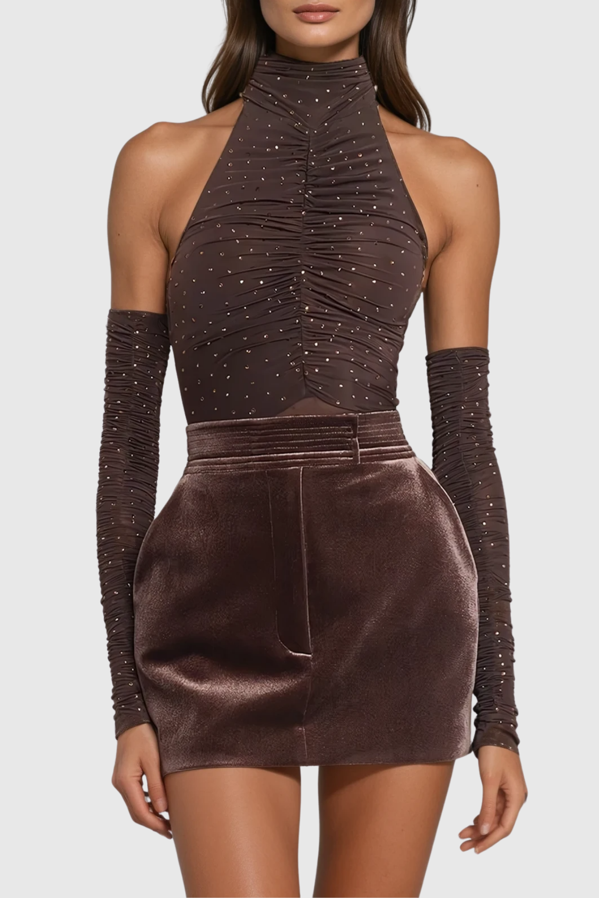 Deann Halter Neck Rhinestone Skirt Set