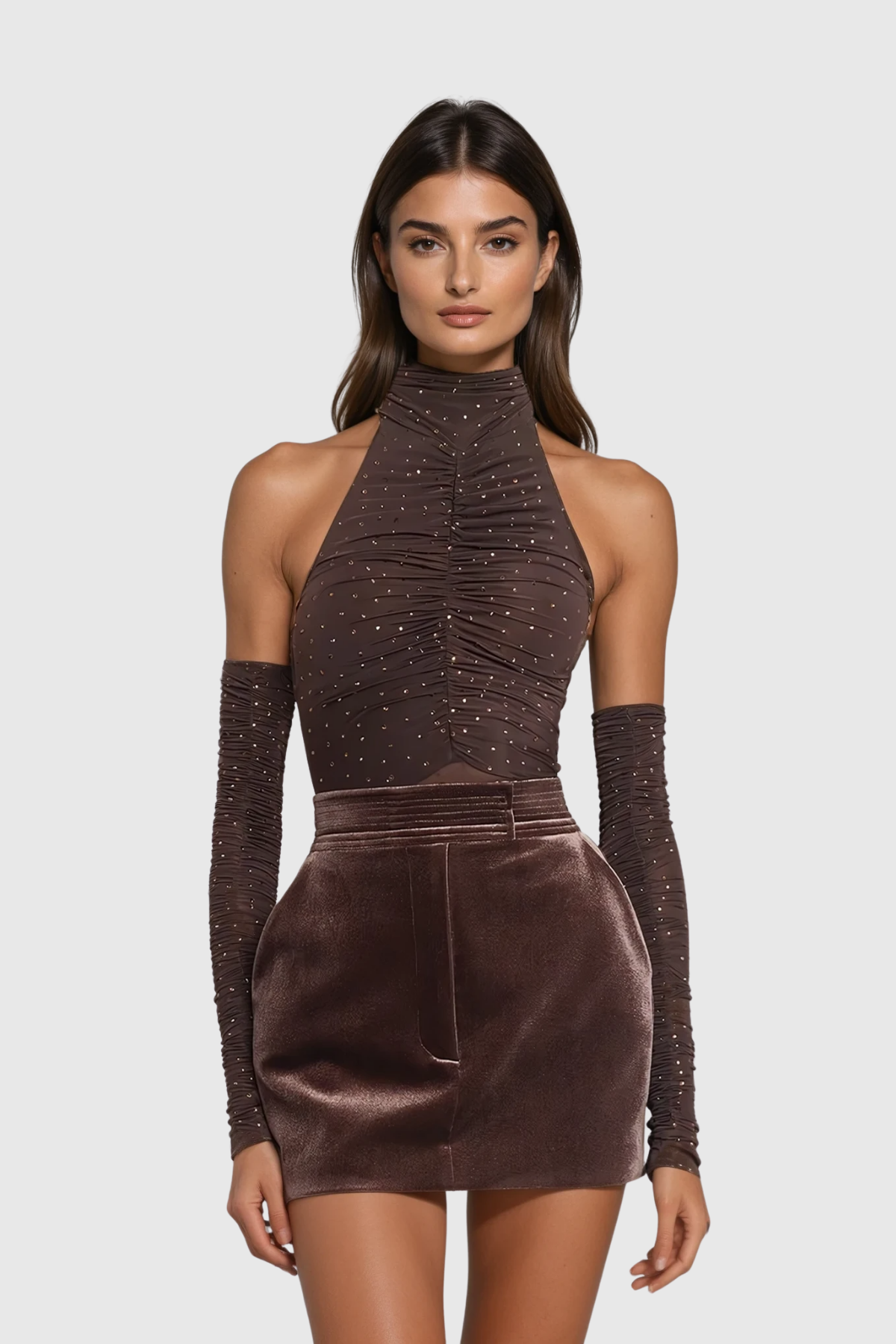 Deann Halter Neck Rhinestone Skirt Set