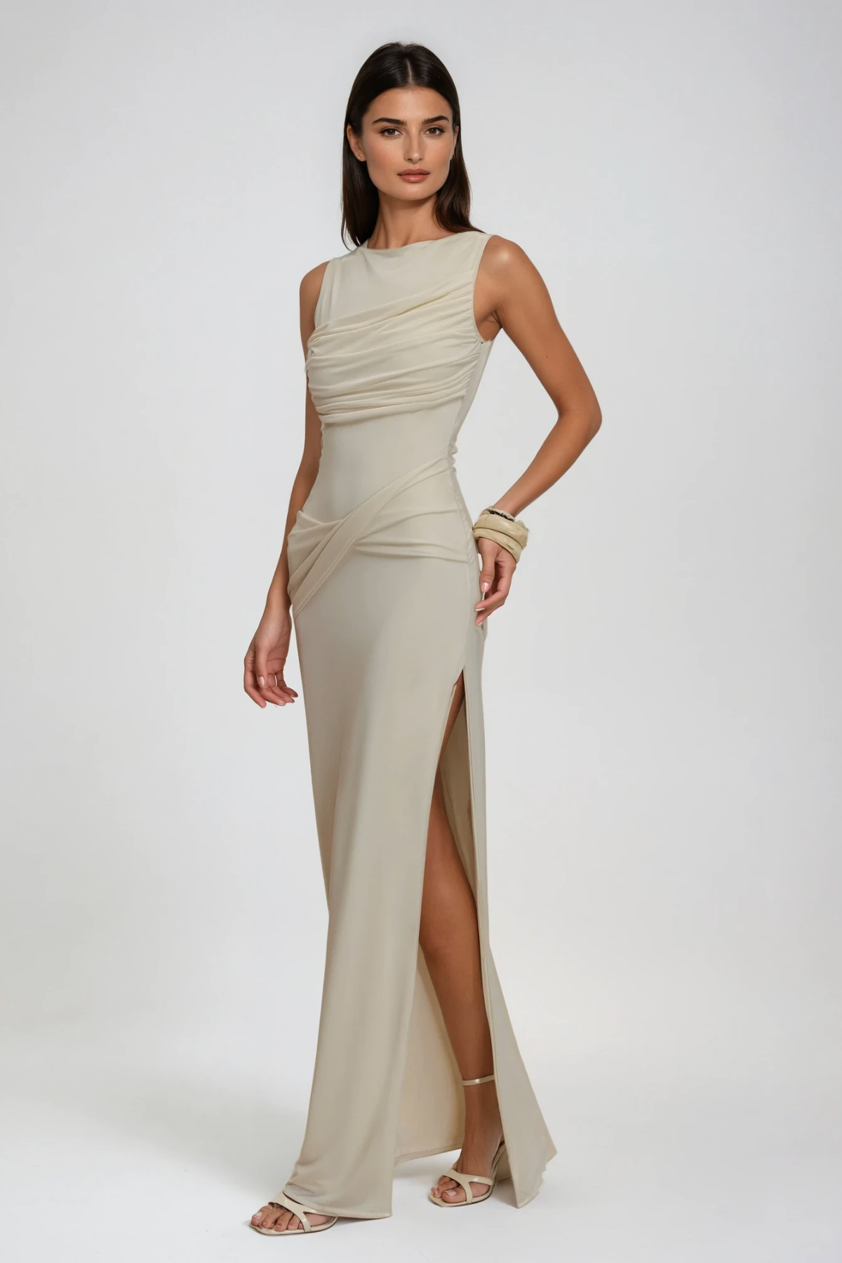 Deanne Sleeveless High Split Maxi Dress In White