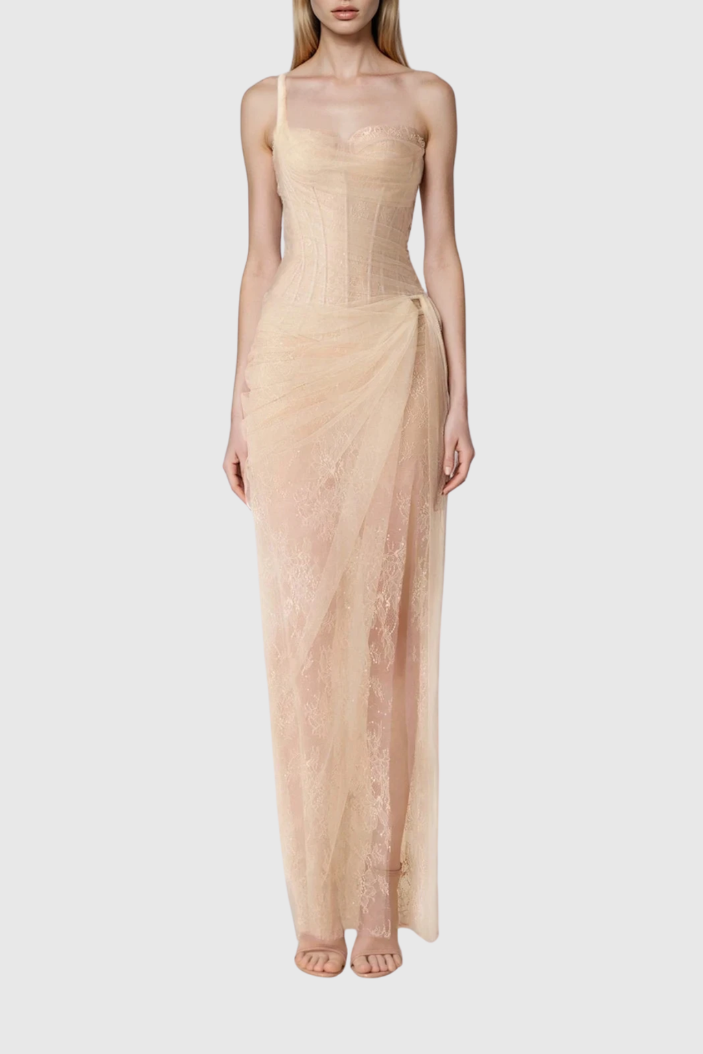 Dechen One Shoulder Corset Mesh Maxi Dress In Apricot