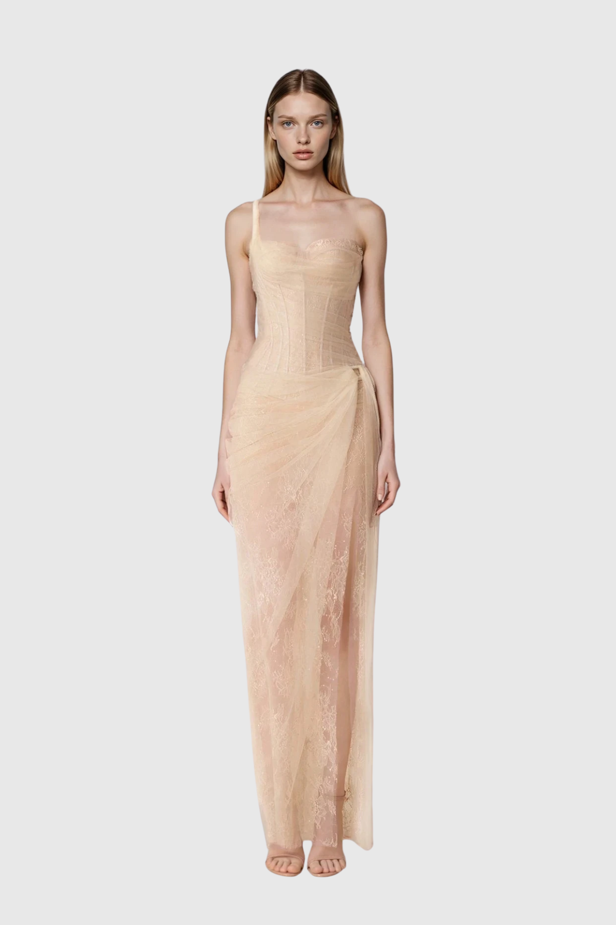Dechen One Shoulder Corset Mesh Maxi Dress In Apricot
