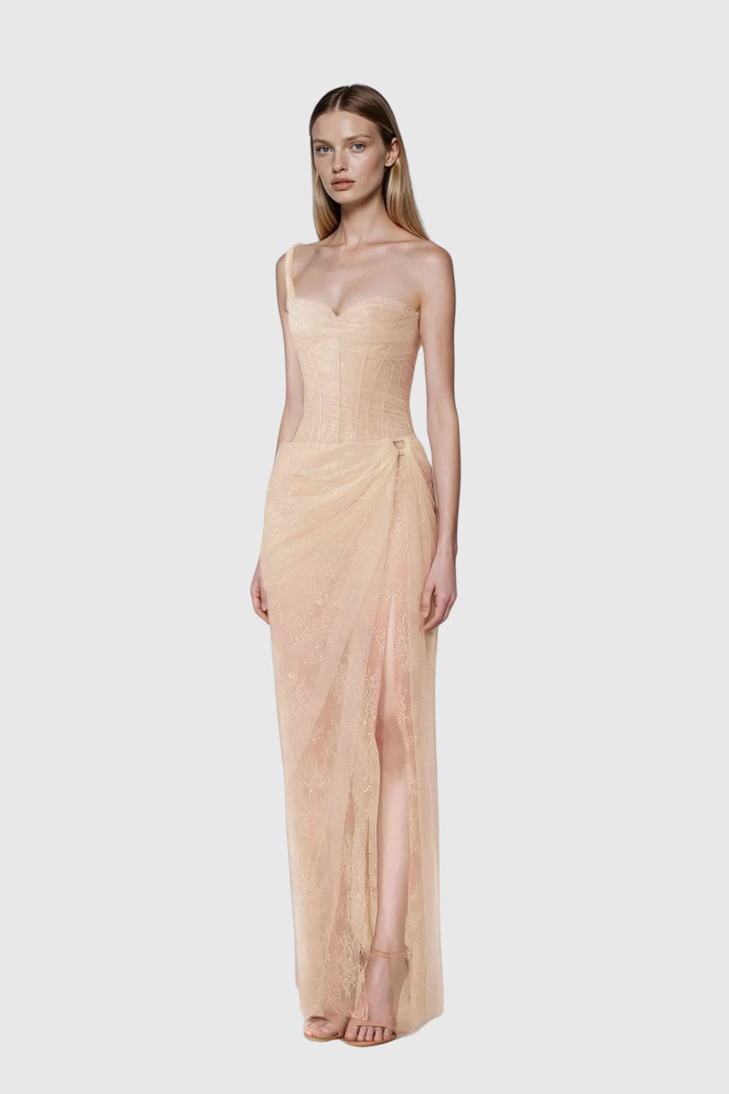 Dechen One Shoulder Corset Mesh Maxi Dress In Apricot
