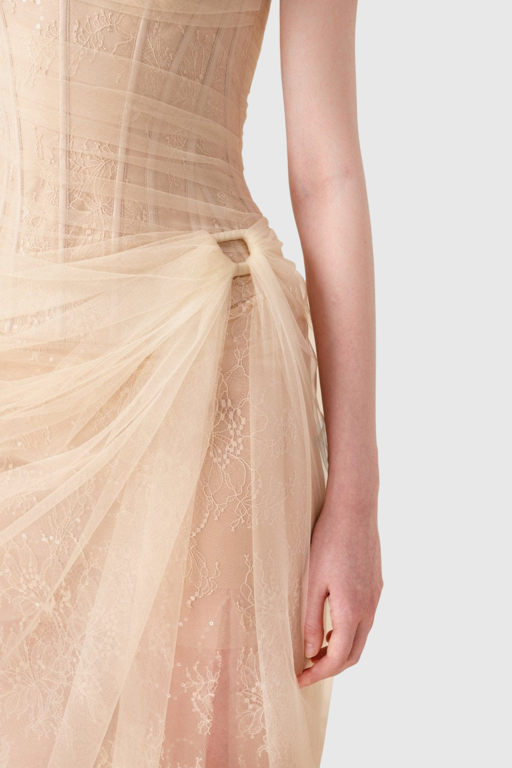 Dechen One Shoulder Corset Mesh Maxi Dress In Apricot