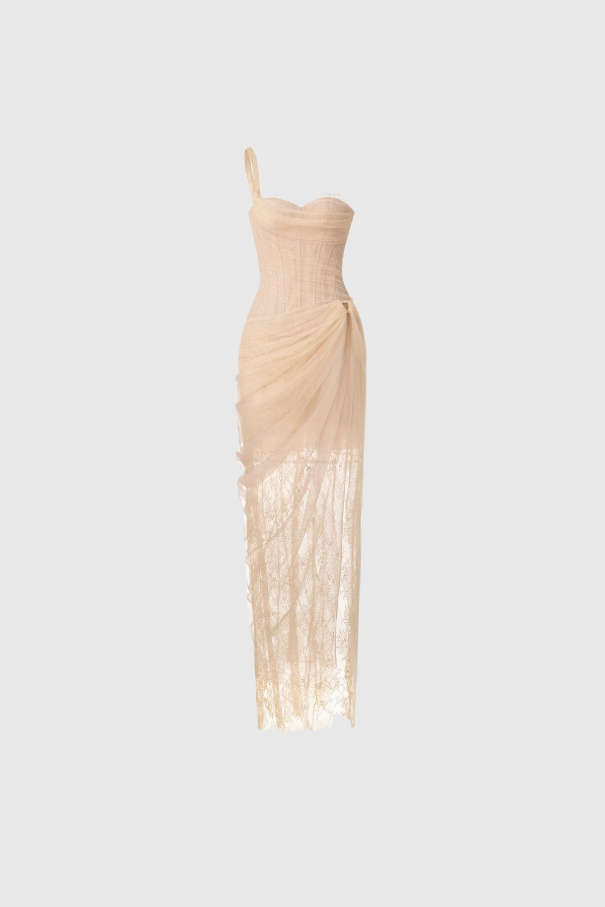 Dechen One Shoulder Corset Mesh Maxi Dress In Apricot