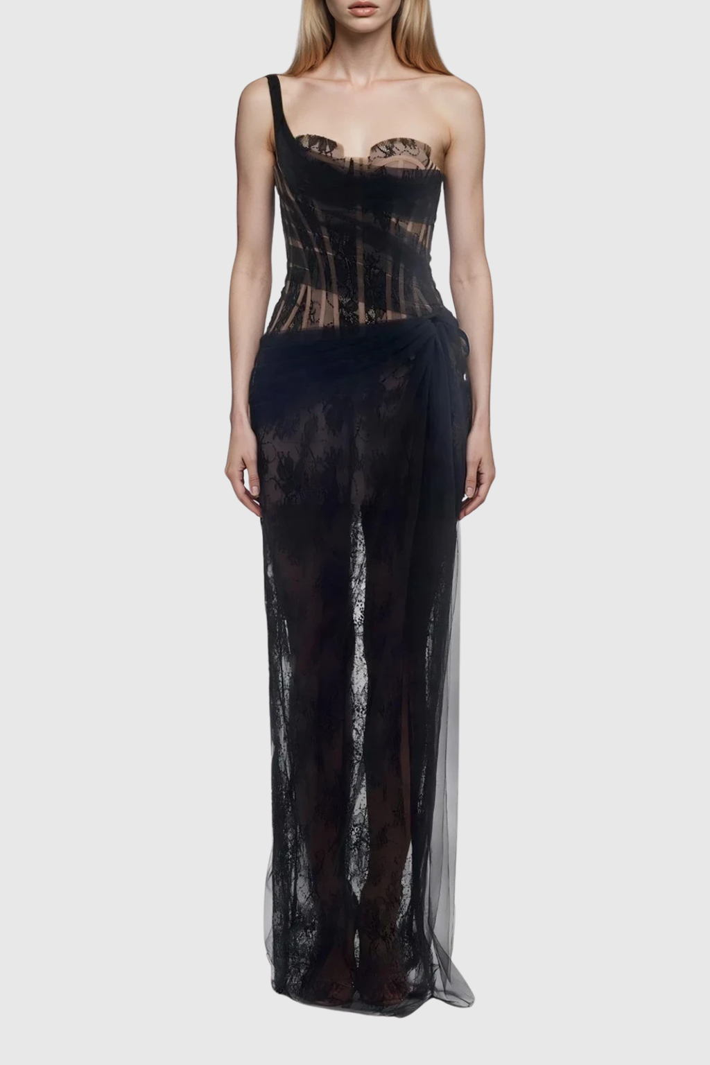 Dechen One Shoulder Corset Mesh Maxi Dress In Black