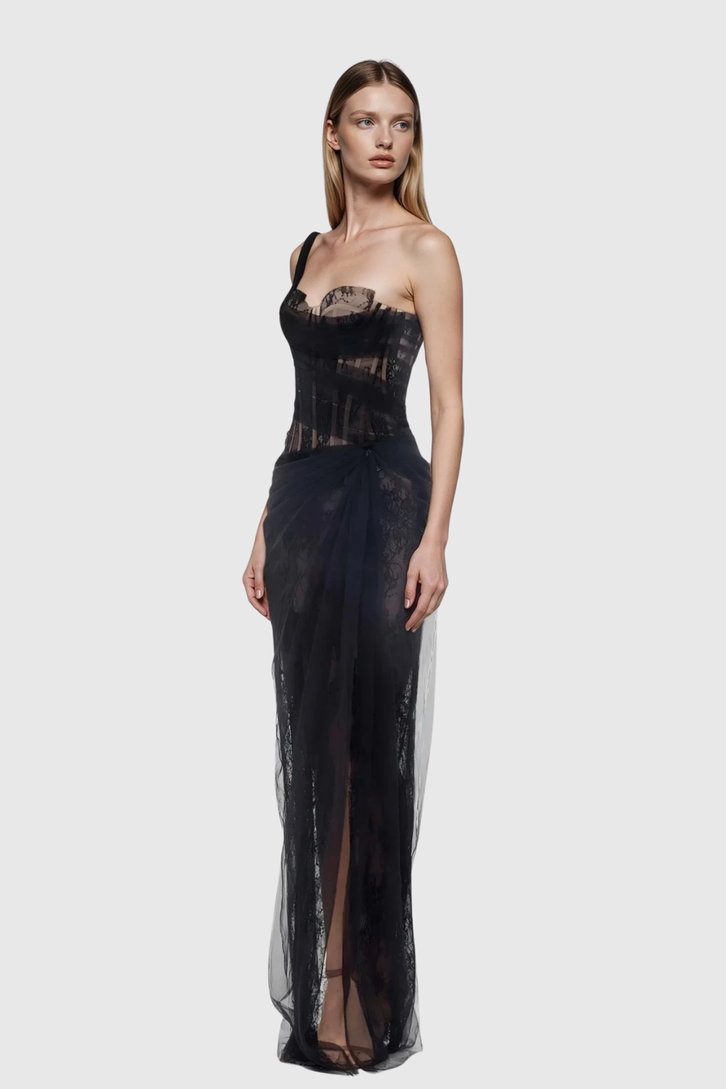 Dechen One Shoulder Corset Mesh Maxi Dress In Black