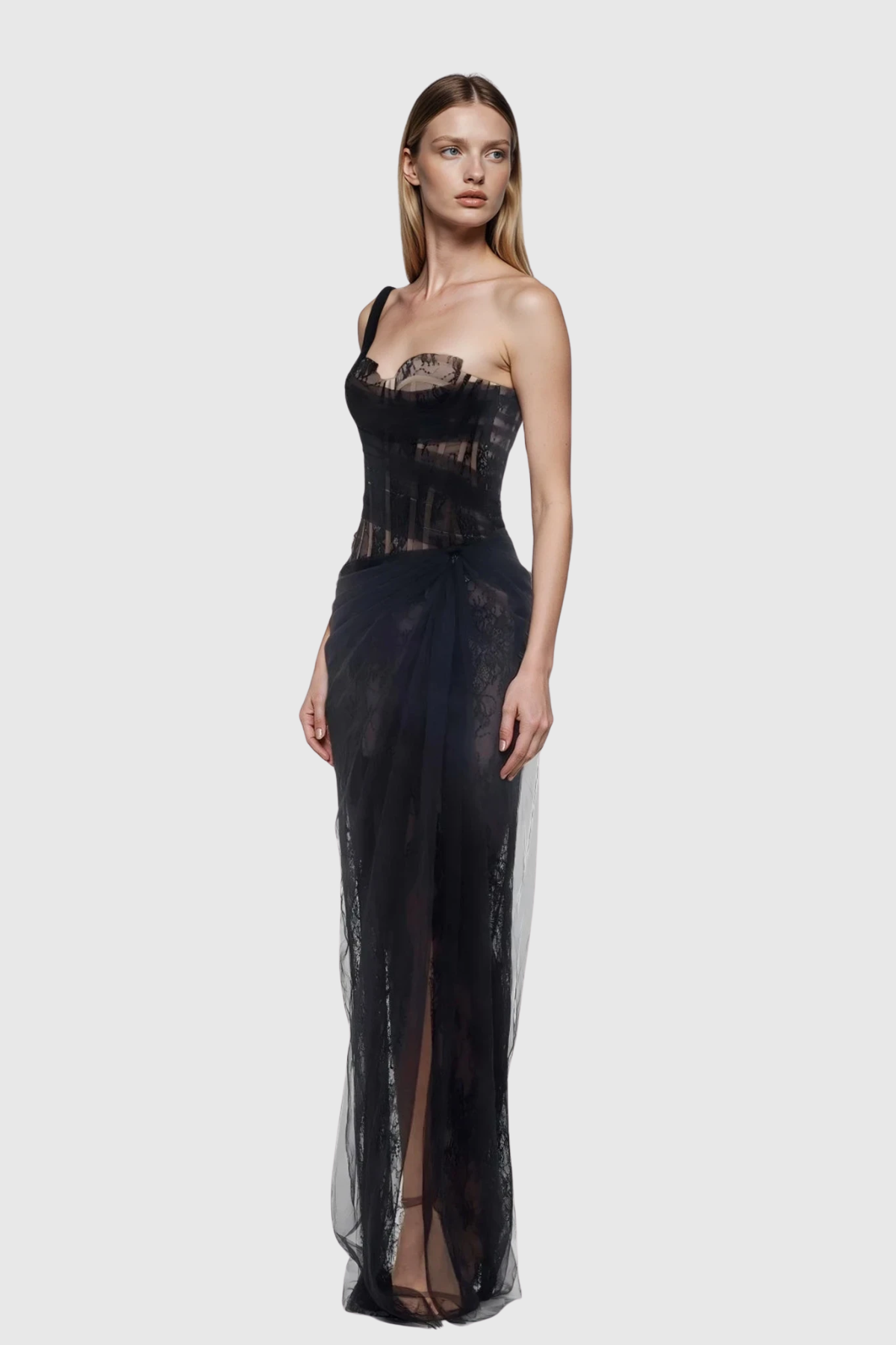 Dechen One Shoulder Corset Mesh Maxi Dress In Black