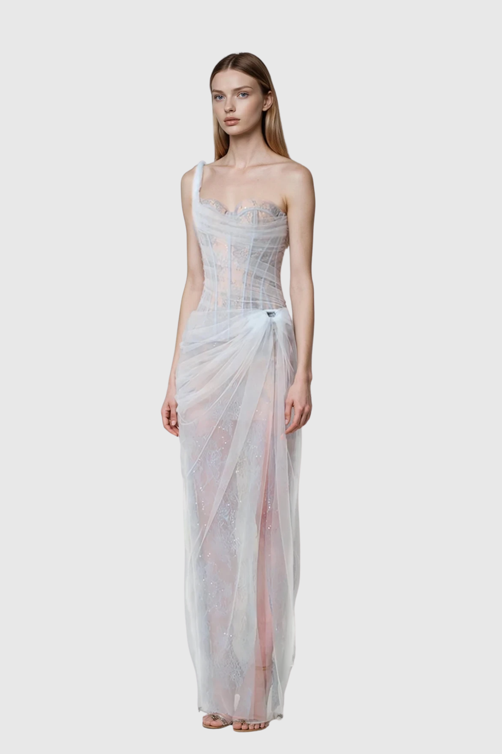 Dechen One Shoulder Corset Mesh Maxi Dress In Blue