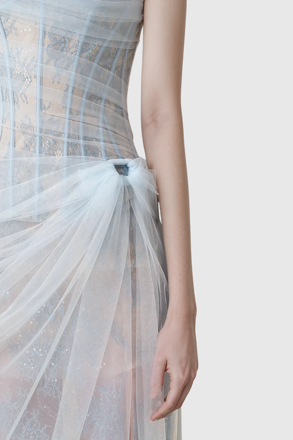 Dechen One Shoulder Corset Mesh Maxi Dress In Blue